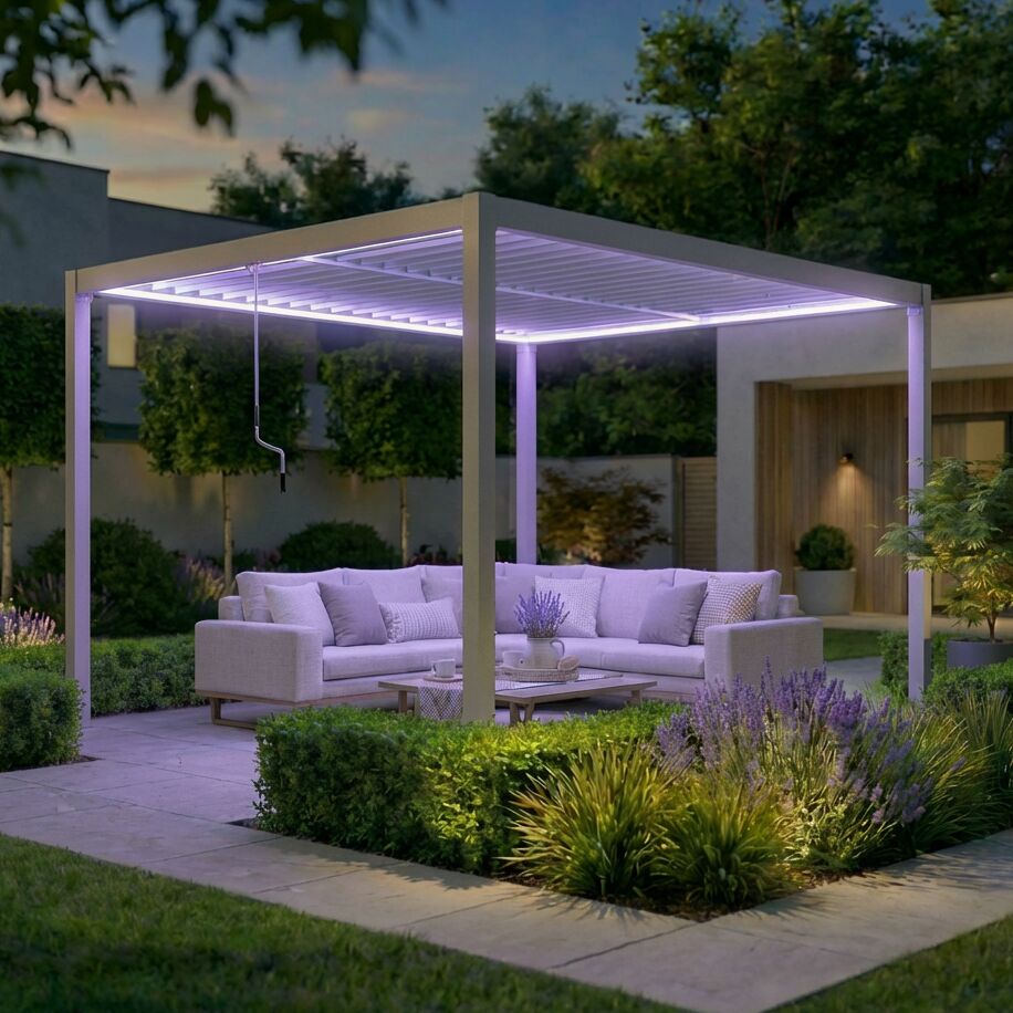 Como 3m x 4m Aluminium Metal Outdoor Garden Pergola with 4 Dropsides and LED Lighting - Latte
