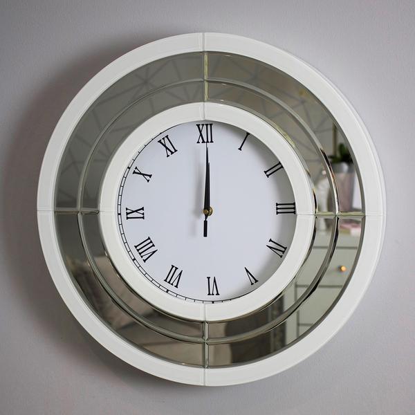 White Glass and Mirrored Round Clock