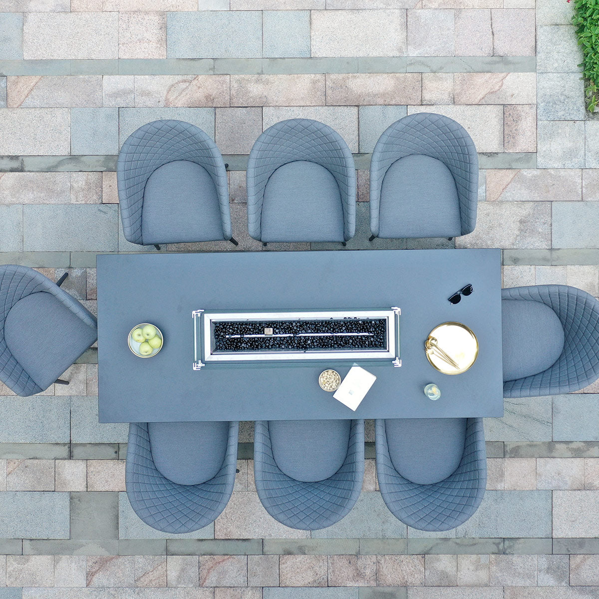 Outdoor Fabric Ambition 8 Seat Rectangular Dining Set with Fire Pit - Flanelle
