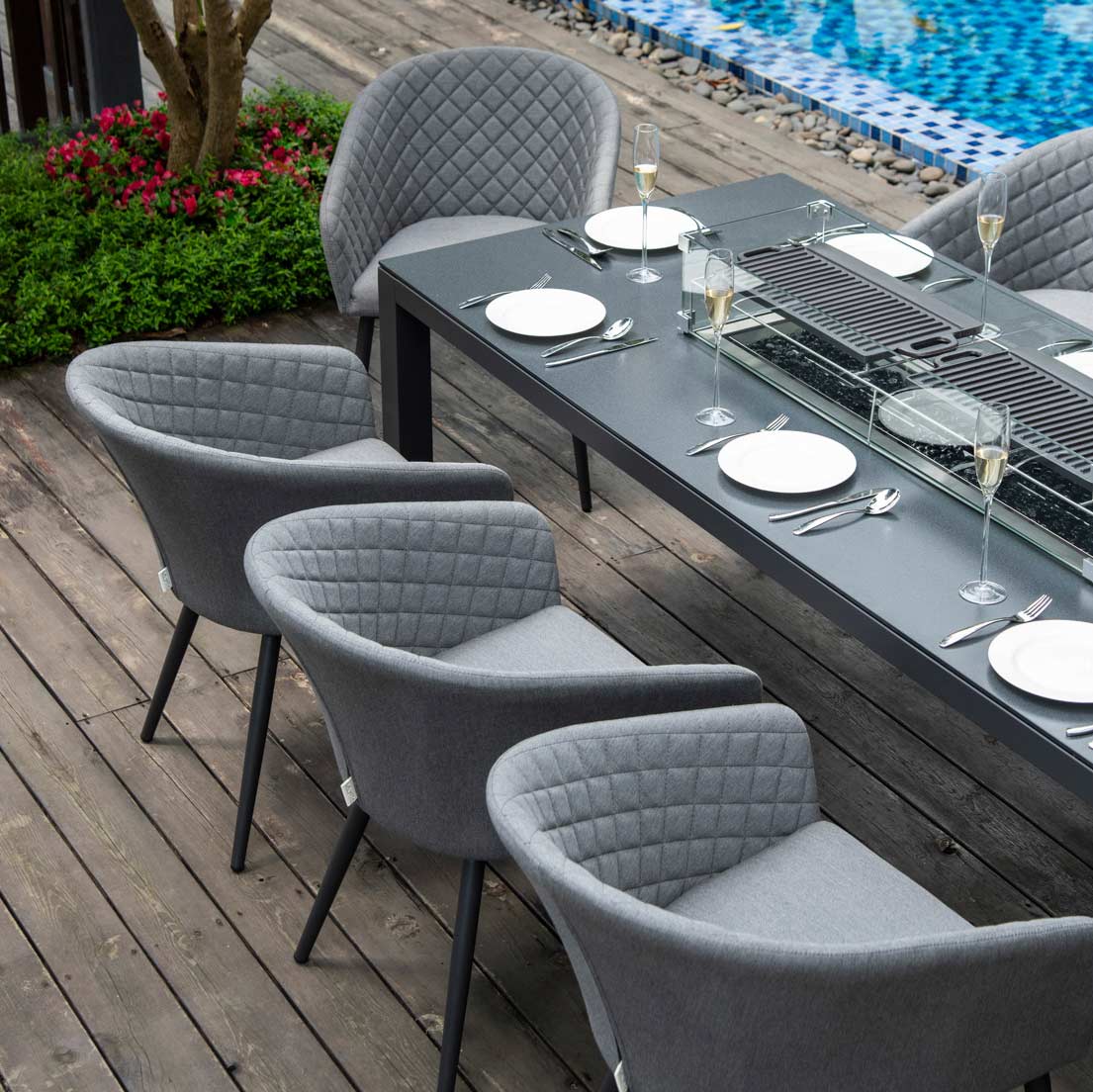 Outdoor Fabric Ambition 8 Seat Rectangular Dining Set with Fire Pit - Flanelle