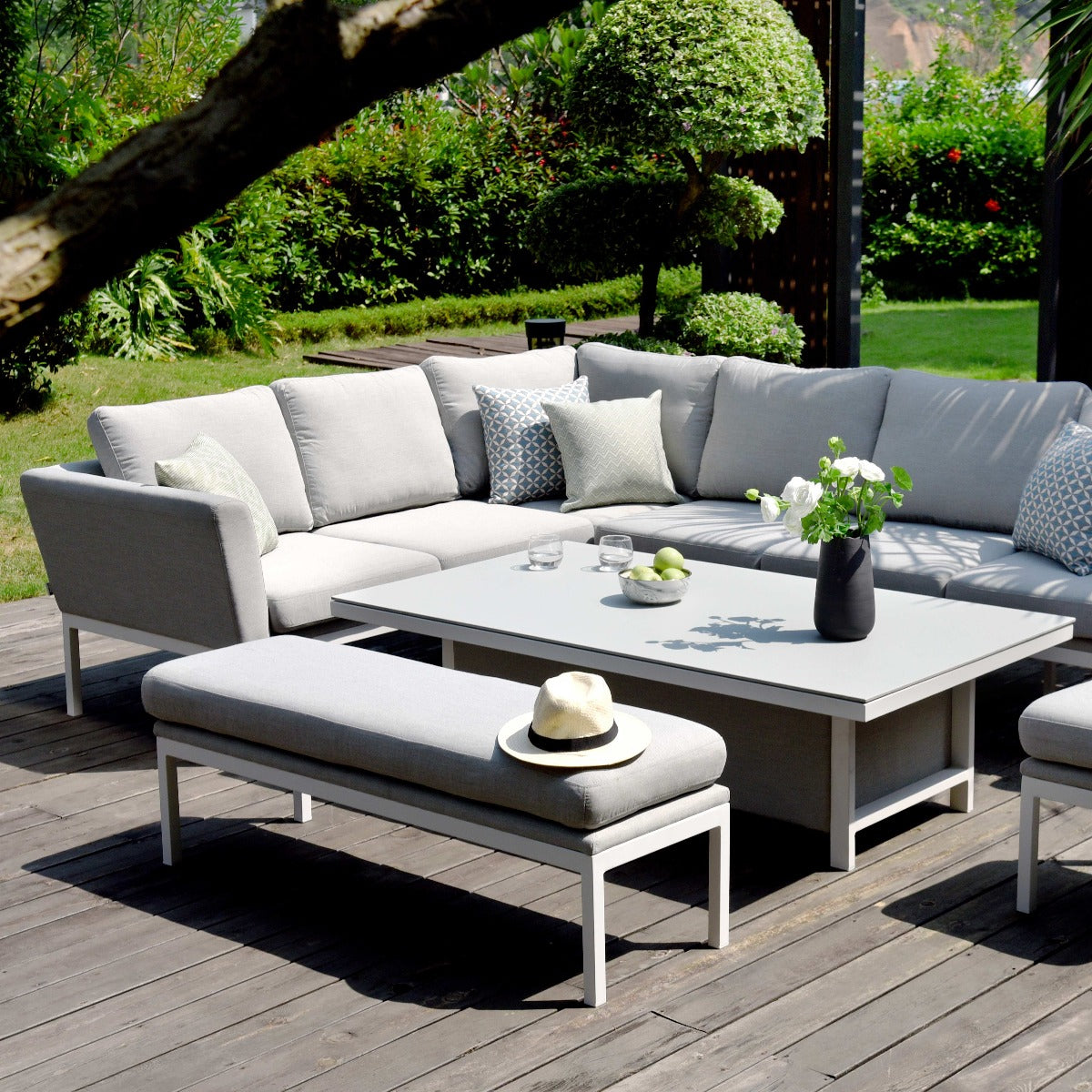 Outdoor Fabric Pulse Rectangular Corner Dining Set with Rising Table - Lead Chine