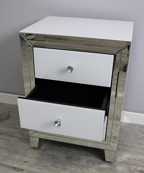 White Glass and Mirrored 3 Drawer Bedside Cabinet