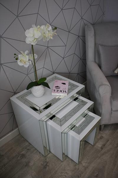 White Glass and Mirrored Nest of Tables