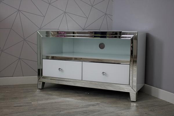 White Glass and Mirrored Corner TV Cabinet