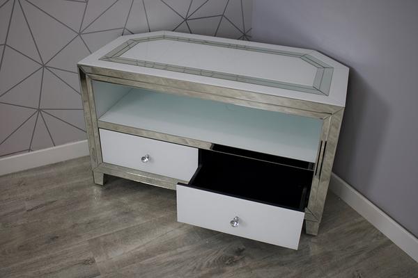 White Glass and Mirrored Corner TV Cabinet