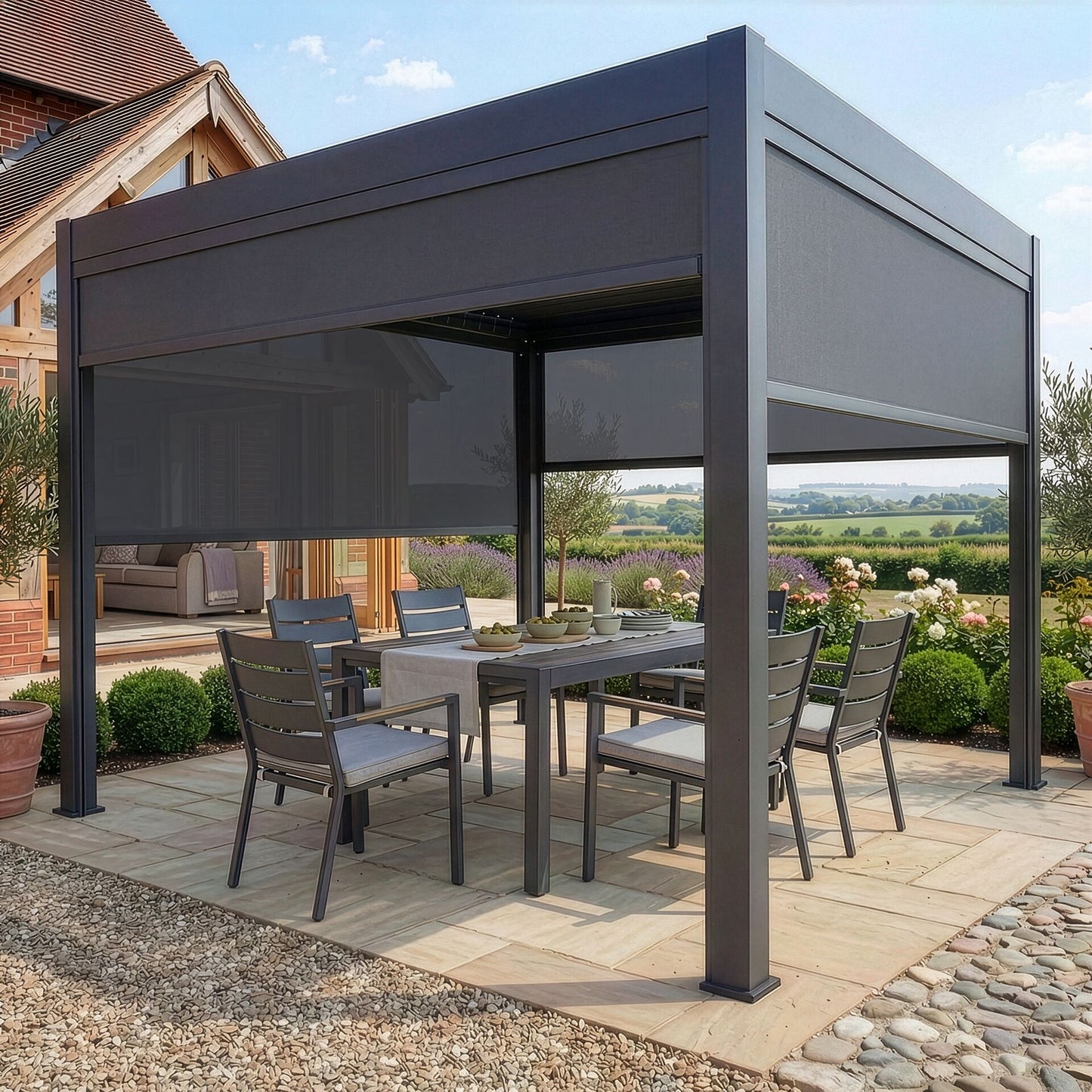 Jupiter 3m x 3m Outdoor Garden Pergola with 4 Dropsides and Manual Operated Galvanised Steel Roof Louvres
