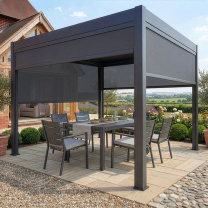 Jupiter 3m x 3m Outdoor Garden Pergola with 4 Dropsides and Manual Operated Galvanised Steel Roof Louvres