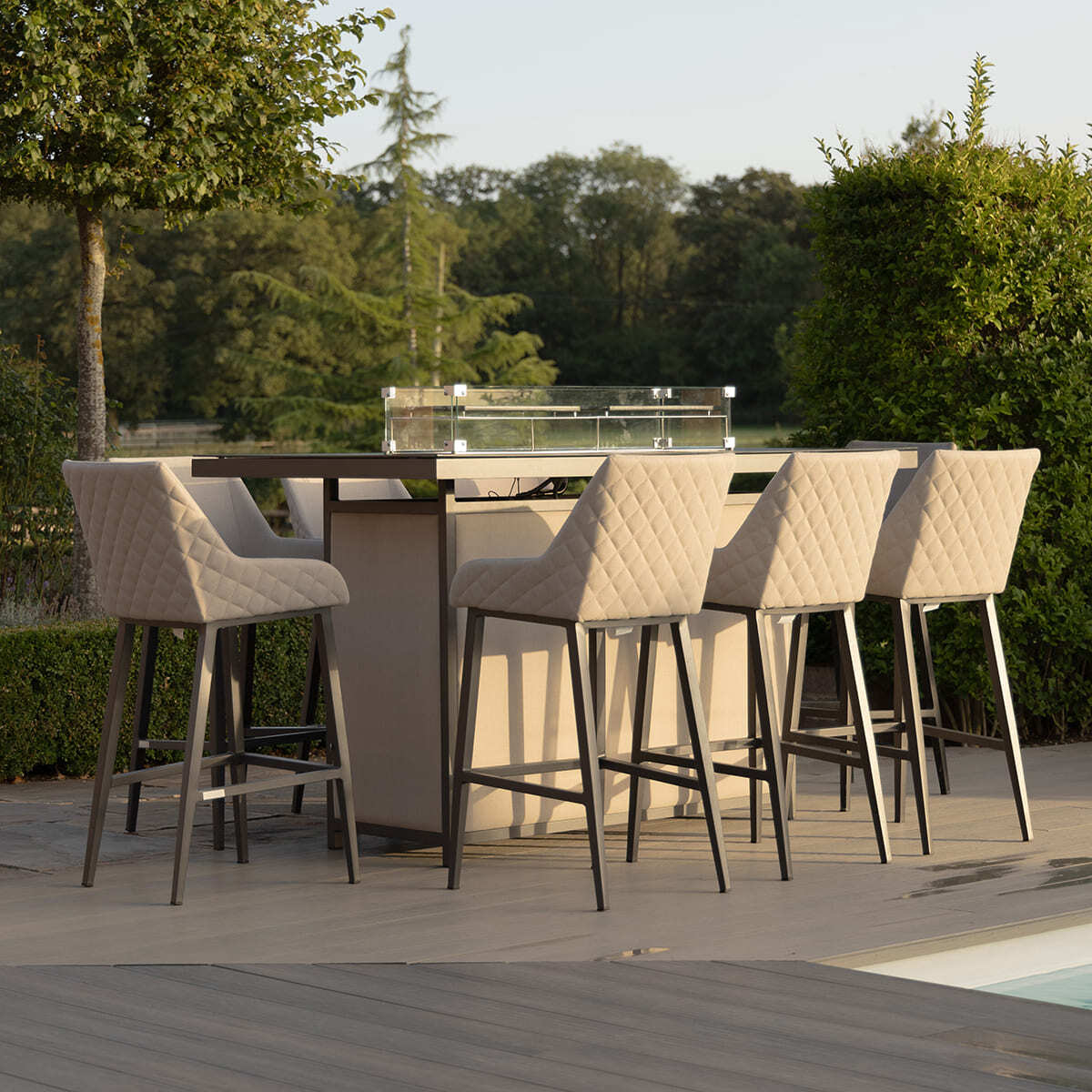 Outdoor Fabric Regal 8 Seat Rectangular Bar Set
with Fire Pit Table - Oatmeal