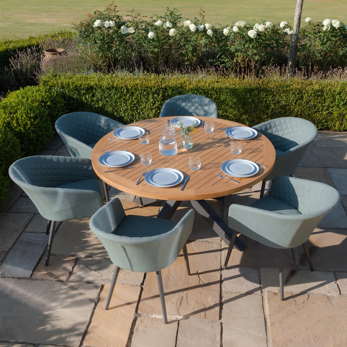 Jakarta Teak 6 Seat Round Dining Table Set - Sage Green