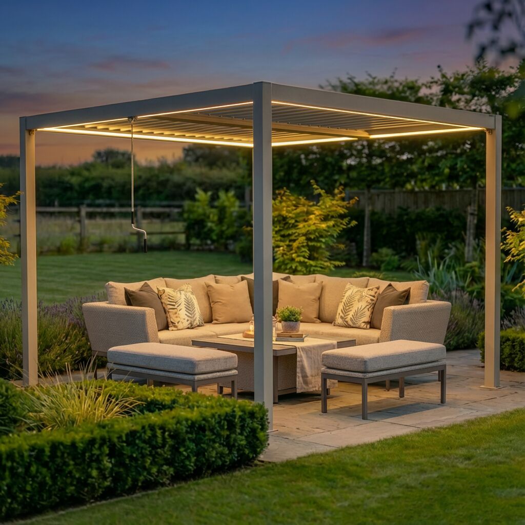 Como 3m x 3m Aluminium Metal Outdoor Garden Pergola with 4 Dropsides and LED Lighting - Latte