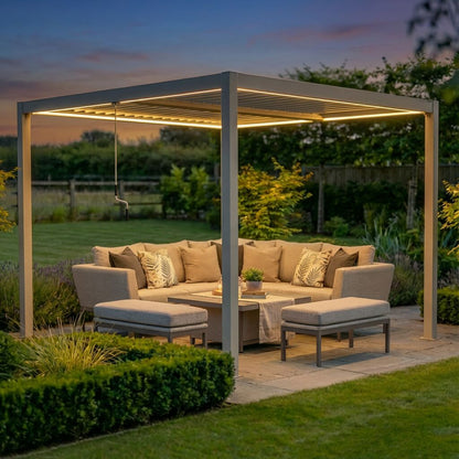 Como 3m x 3m Aluminium Metal Outdoor Garden Pergola with 4 Dropsides and LED Lighting - Latte