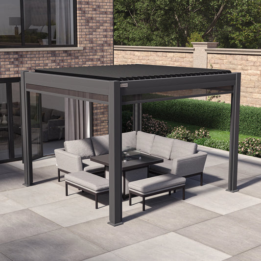 Como 3m x 3m Aluminium Metal Outdoor Garden Pergola with 4 Dropsides and LED Lighting - Grey