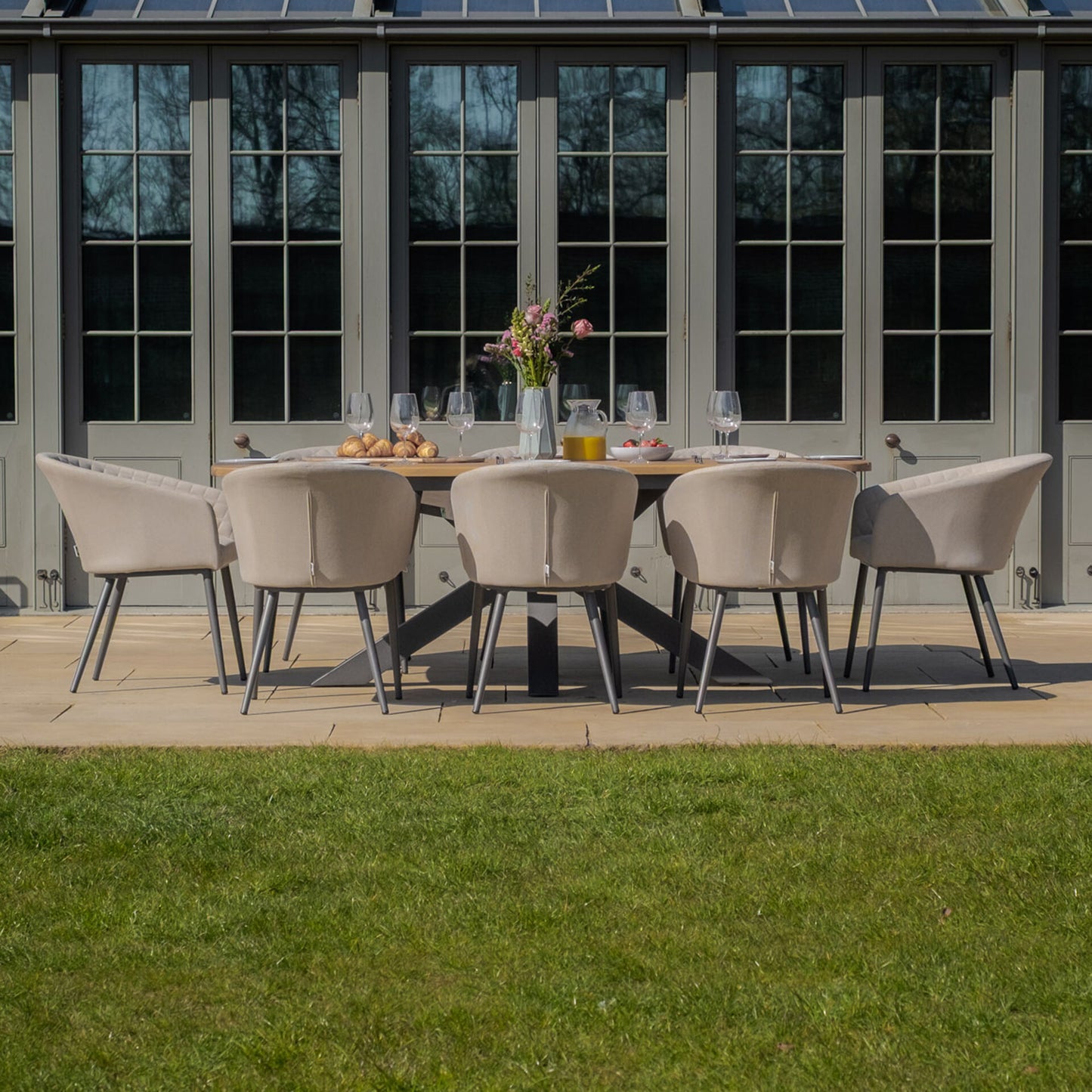 Jakarta Teak 8 Seat Oval Dining Table Set - Oatmeal