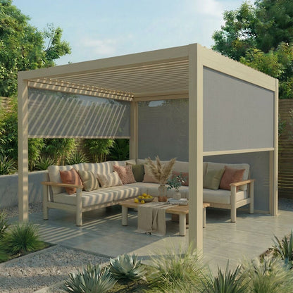 Jupiter 3m x 3m Outdoor Garden Pergola with 4 Dropsides and Manual Operated Galvanised Steel Roof Louvres - Latte