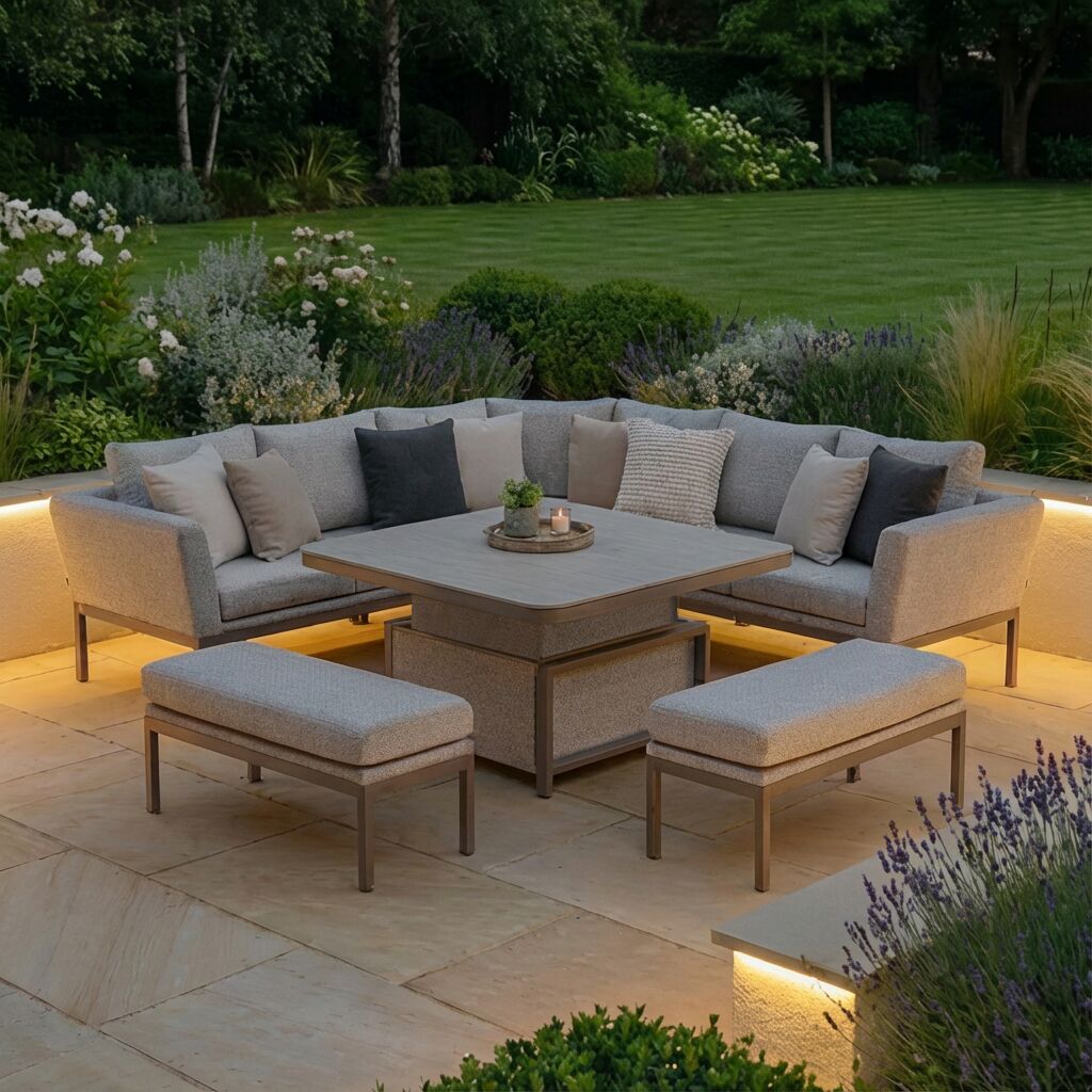 Outdoor Fabric Pulse Deluxe Square Dining Set with Rising Table - Latte