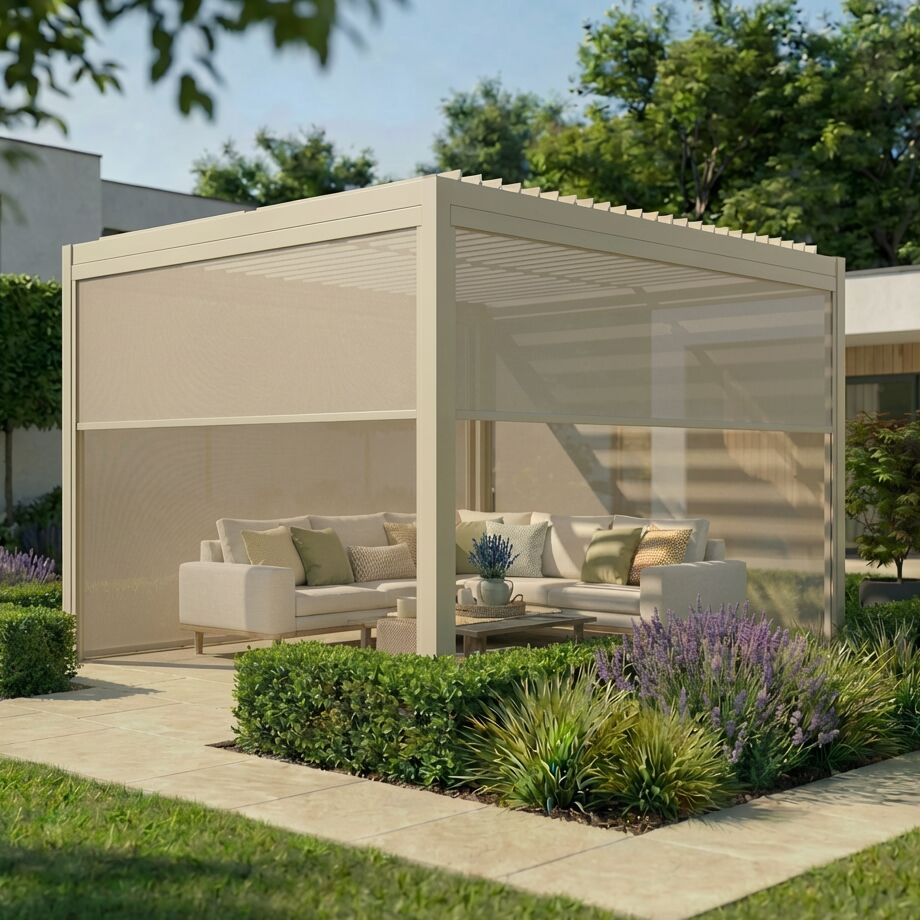 Como 3m x 4m Aluminium Metal Outdoor Garden Pergola with 4 Dropsides and LED Lighting - Latte