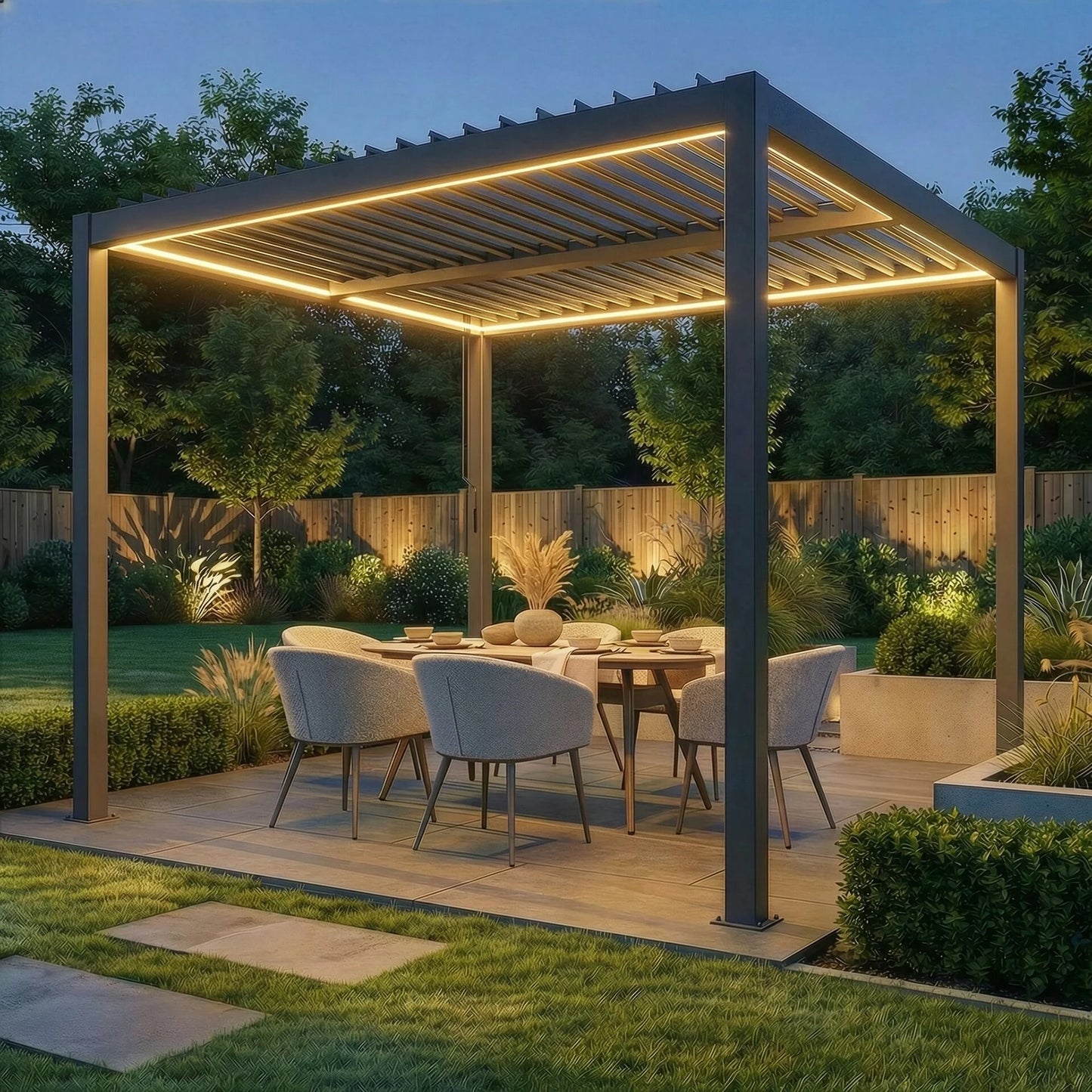 Como 3m x 3m Aluminium Metal Outdoor Garden Pergola with 4 Dropsides and LED Lighting - Grey