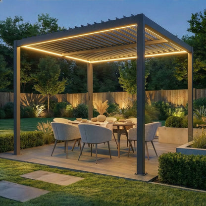 Como 3m x 3m Aluminium Metal Outdoor Garden Pergola with 4 Dropsides and LED Lighting - Grey