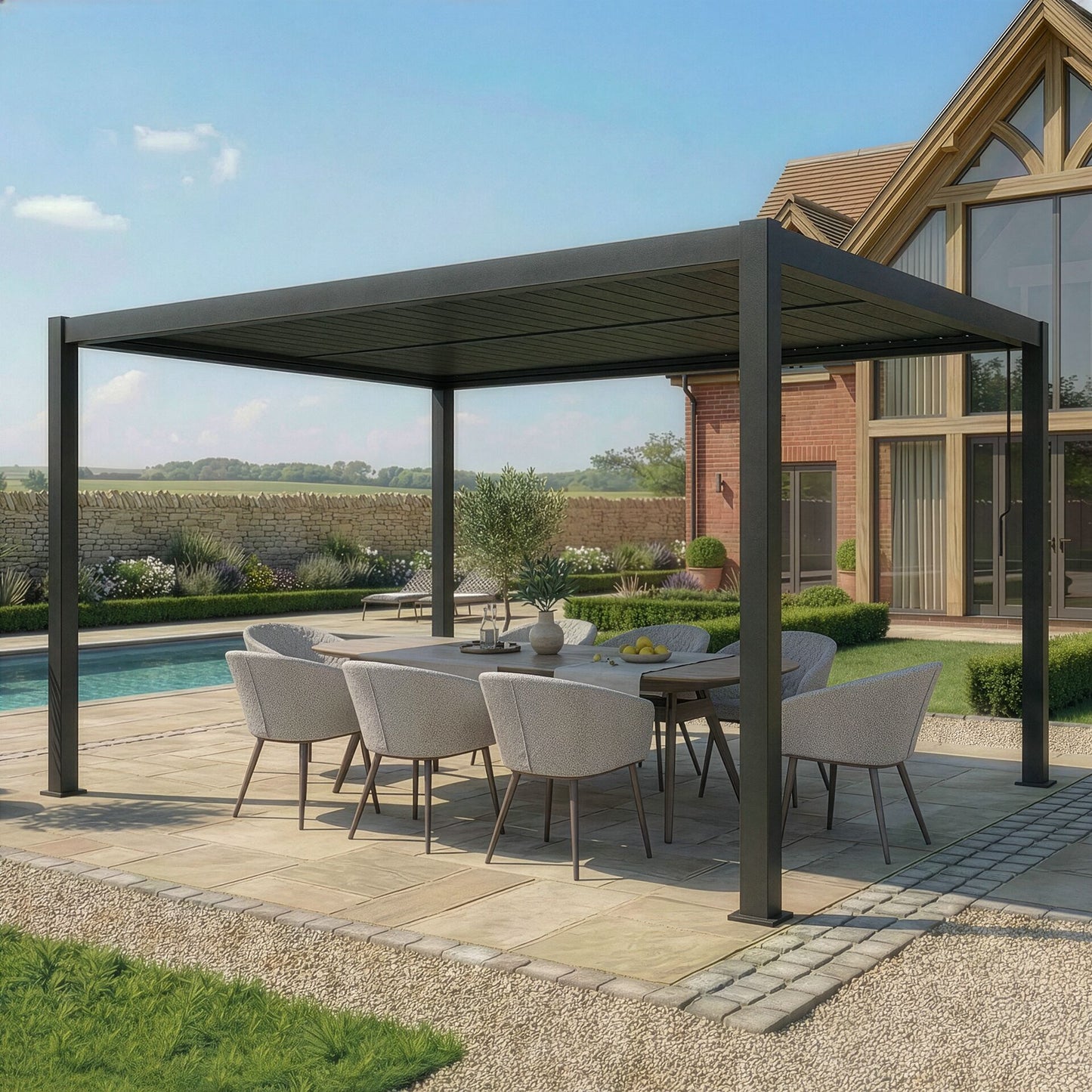 Como 3m x 4m Aluminium Metal Outdoor Garden Pergola with 4 Dropsides and LED Lighting - Grey
