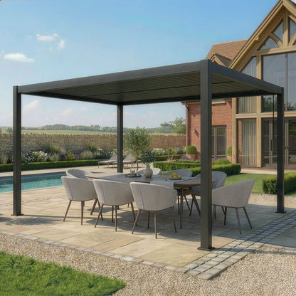 Como 3m x 4m Aluminium Metal Outdoor Garden Pergola with 4 Dropsides and LED Lighting - Grey