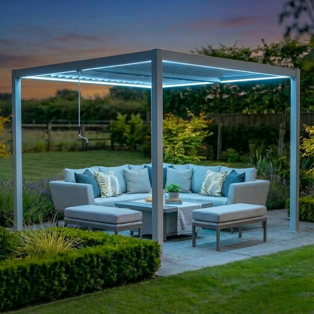 Como 3m x 3m Aluminium Metal Outdoor Garden Pergola with 4 Dropsides and LED Lighting - Latte