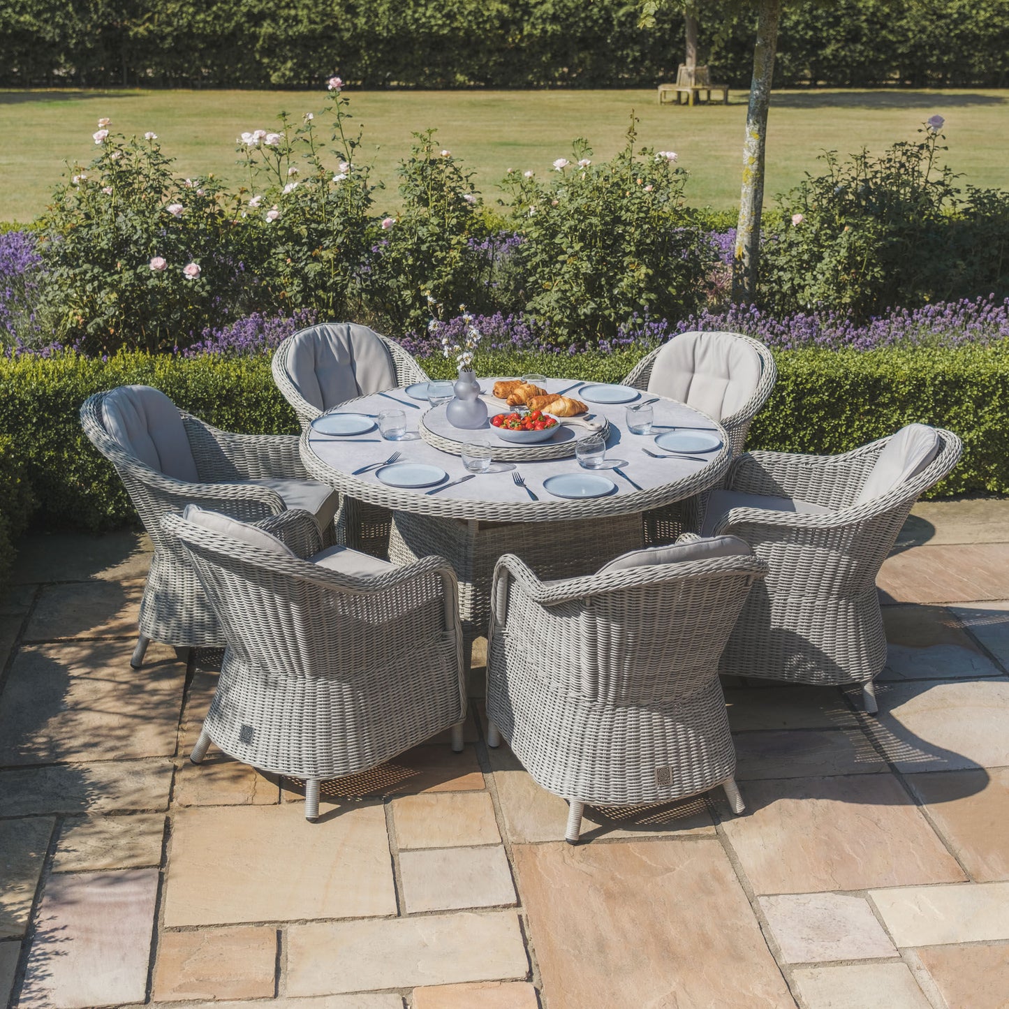 Oxford 6 Seat Round Dining Set With Heritage Chairs And Lazy Susan - Ceramic Top
