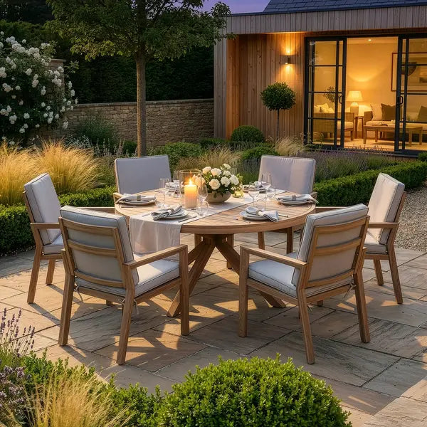 New York 6 Seat Round Aluminium Dining Set -Almond