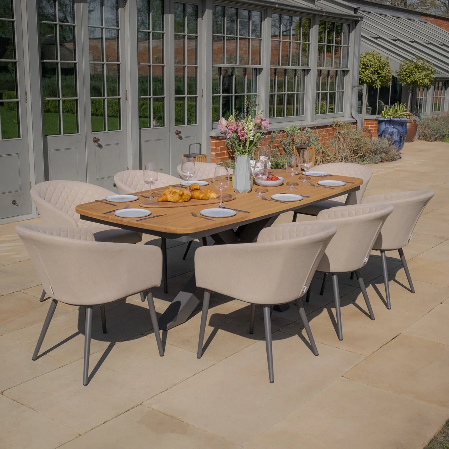 Jakarta Teak 8 Seat Oval Dining Table Set - Oatmeal