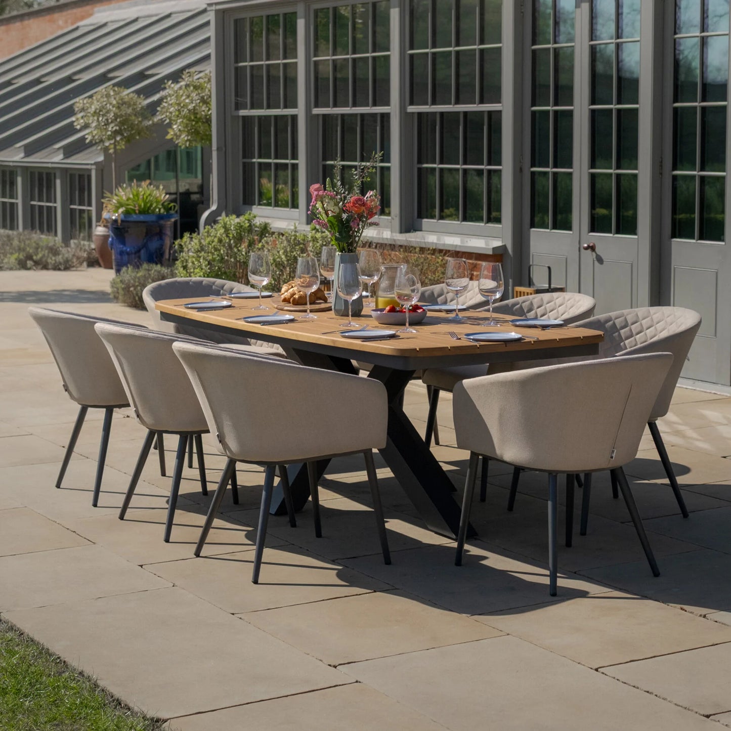 Jakarta Teak 8 Seat Oval Dining Table Set - Oatmeal