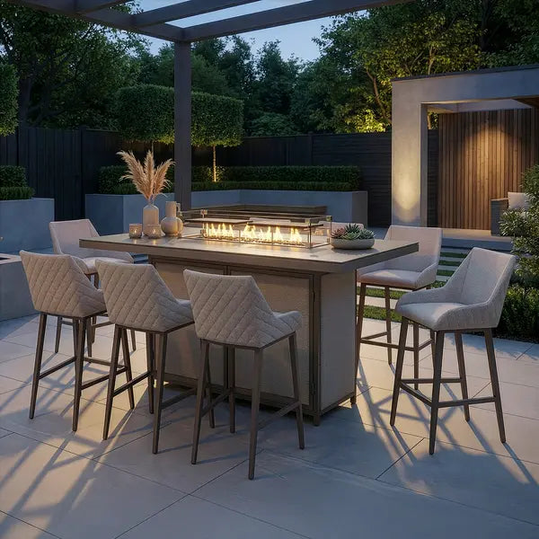 Outdoor Fabric Regal 8 Seat Rectangular Bar Set
with Fire Pit Table - Latte