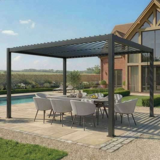 Como 3m x 4m Aluminium Metal Outdoor Garden Pergola with 4 Dropsides and LED Lighting - Grey