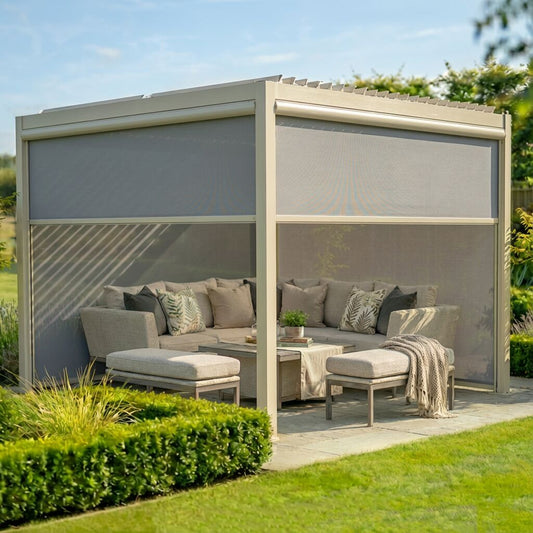 Como 3m x 3m Aluminium Metal Outdoor Garden Pergola with 4 Dropsides and LED Lighting - Latte