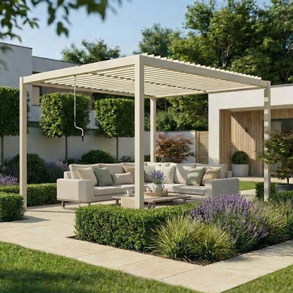Como 3m x 4m Aluminium Metal Outdoor Garden Pergola with 4 Dropsides and LED Lighting - Latte