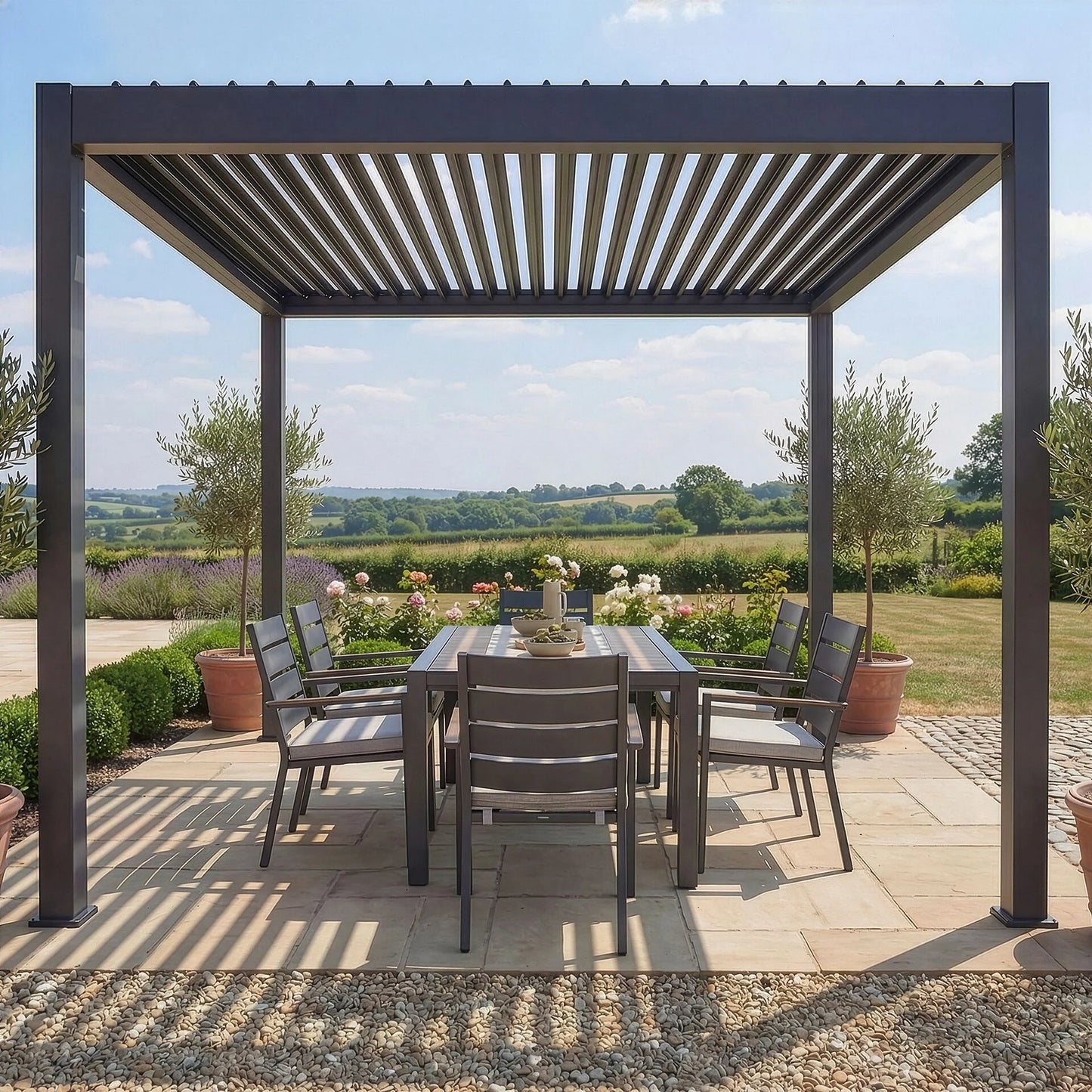 Jupiter 3m x 3m Outdoor Garden Pergola with 4 Dropsides and Manual Operated Galvanised Steel Roof Louvres