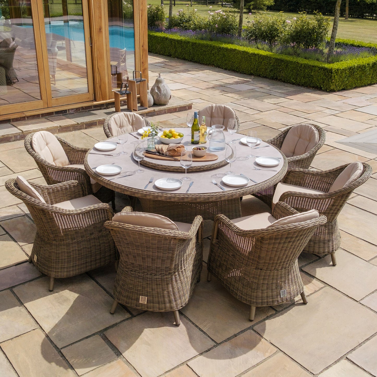 Winchester 8 Seat Round Dining Set With Heritage Dining Chairs & Woven Lazy Susan - Ceramic Glass
