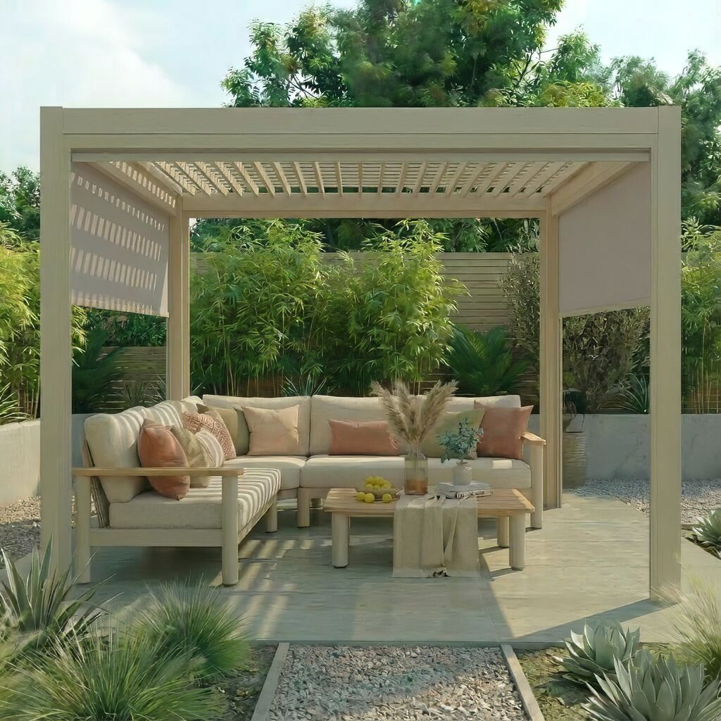 Jupiter 3m x 3m Outdoor Garden Pergola with 4 Dropsides and Manual Operated Galvanised Steel Roof Louvres - Latte
