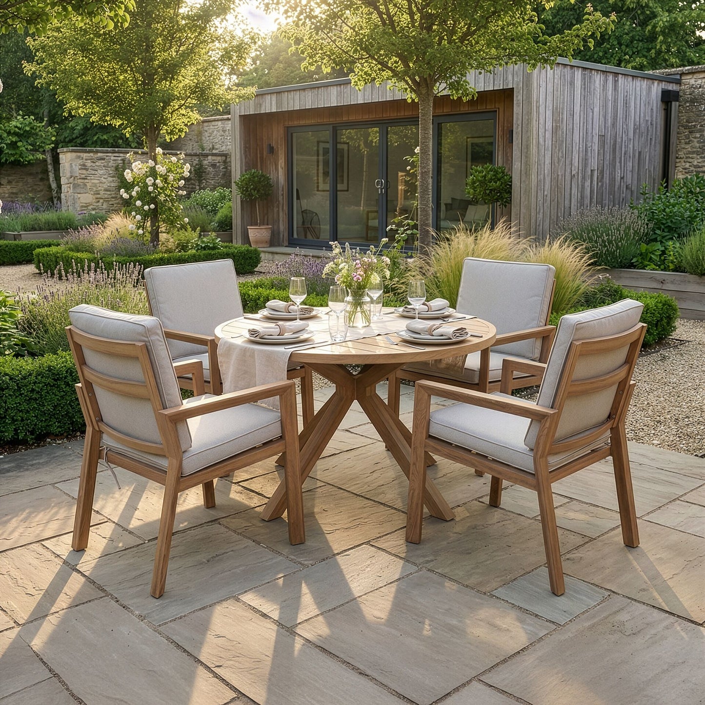 New York 4 Seat Round Aluminium Dining Set - Almond