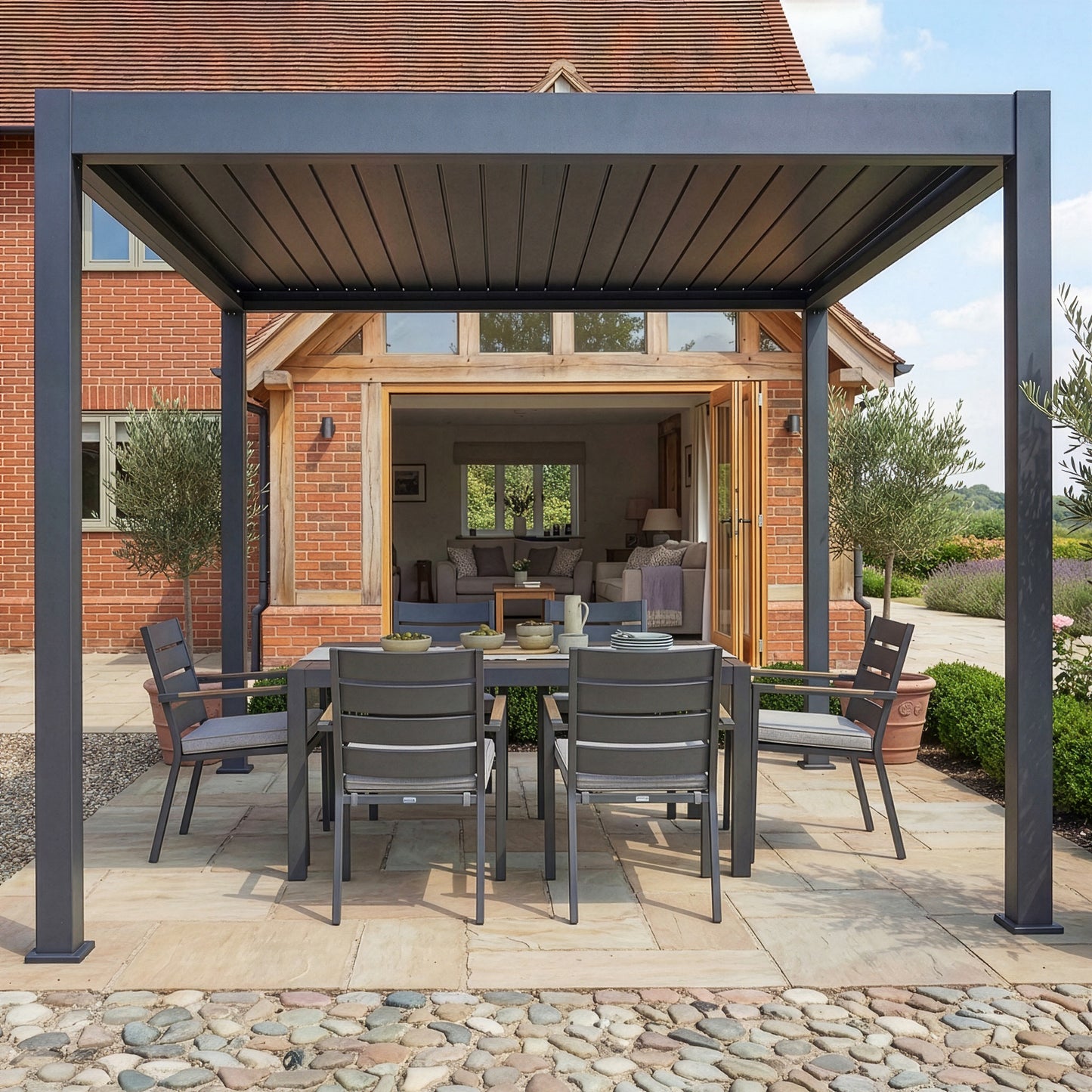Jupiter 3m x 3m Outdoor Garden Pergola with 4 Dropsides and Manual Operated Galvanised Steel Roof Louvres