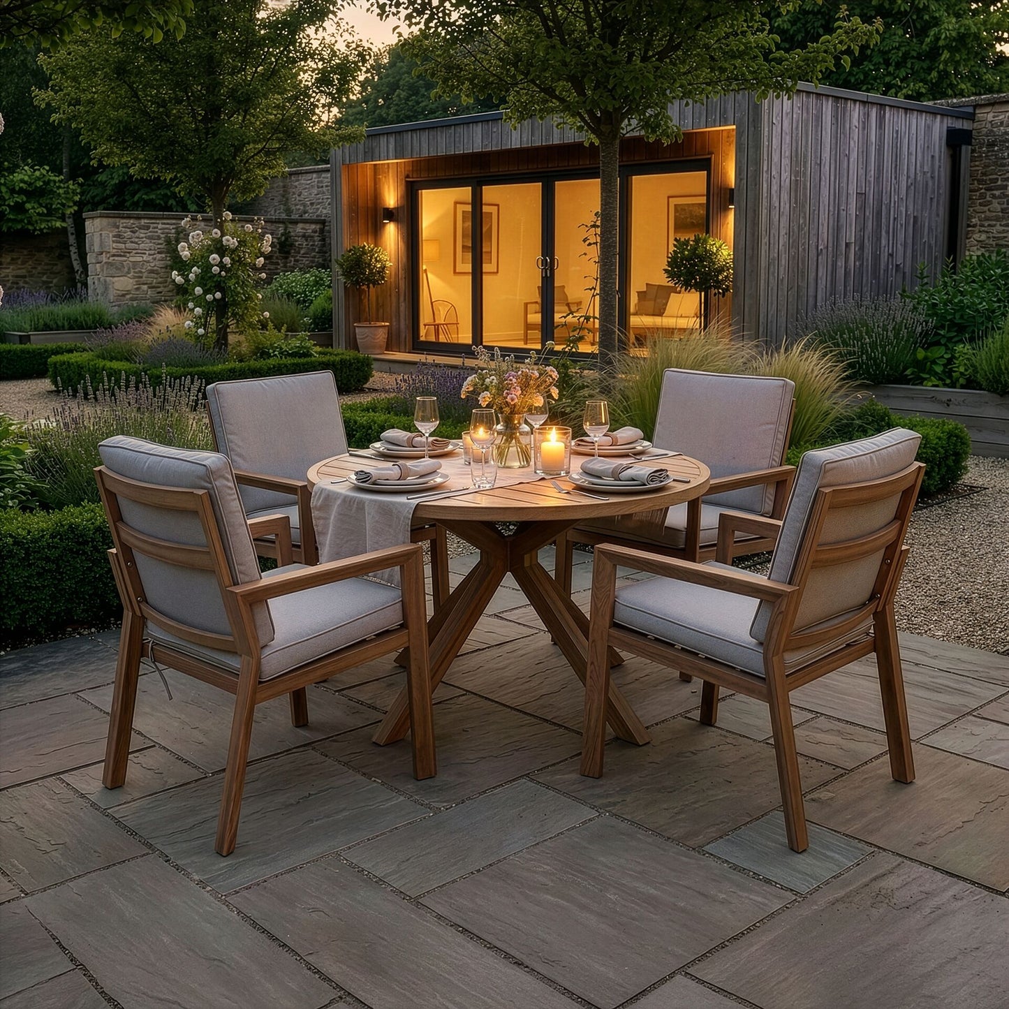 New York 4 Seat Round Aluminium Dining Set - Almond