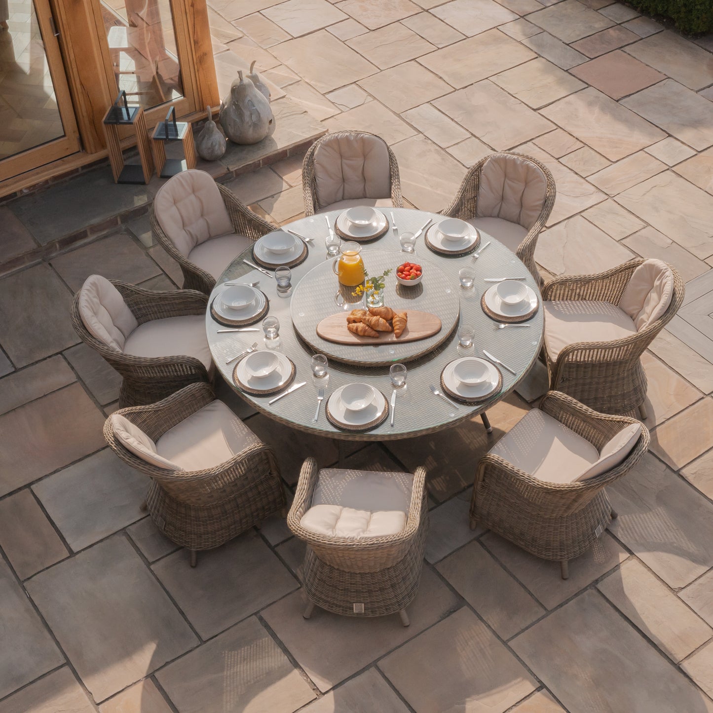 Winchester 8 Seat Round Rattan Dining Set with Heritage Chairs & Lazy Susan