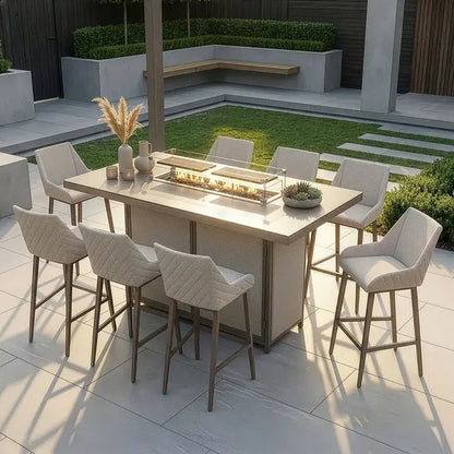 Outdoor Fabric Regal 8 Seat Rectangular Bar Set
with Fire Pit Table - Latte