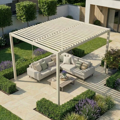 Como 3m x 4m Aluminium Metal Outdoor Garden Pergola with 4 Dropsides and LED Lighting - Latte