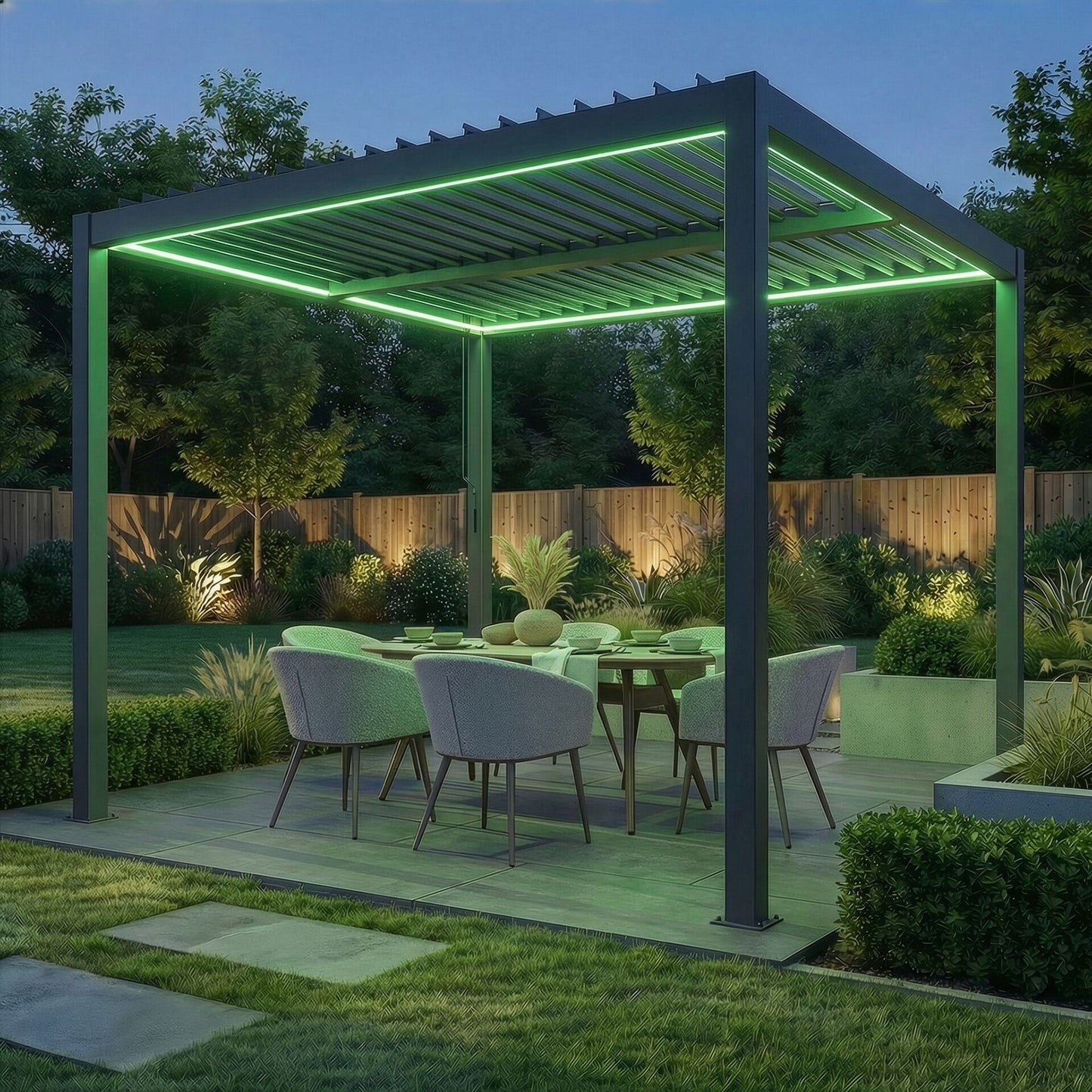 Como 3m x 3m Aluminium Metal Outdoor Garden Pergola with 4 Dropsides and LED Lighting - Grey