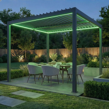 Como 3m x 3m Aluminium Metal Outdoor Garden Pergola with 4 Dropsides and LED Lighting - Grey