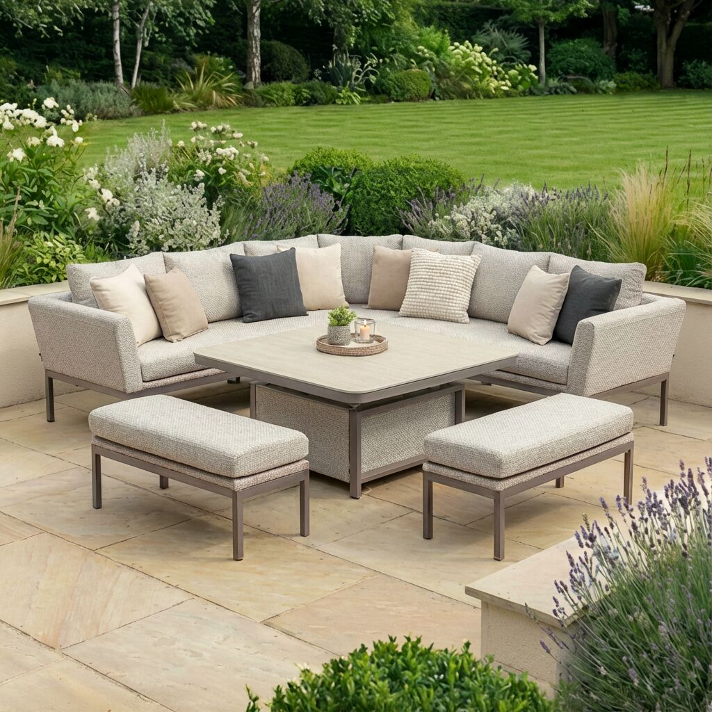 Outdoor Fabric Pulse Deluxe Square Dining Set with Rising Table - Latte