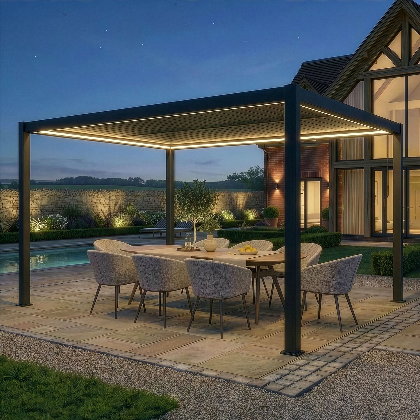 Como 3m x 4m Aluminium Metal Outdoor Garden Pergola with 4 Dropsides and LED Lighting - Grey