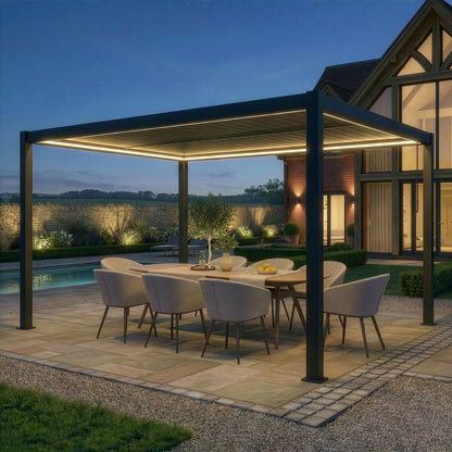 Como 3m x 4m Aluminium Metal Outdoor Garden Pergola with 4 Dropsides and LED Lighting - Grey