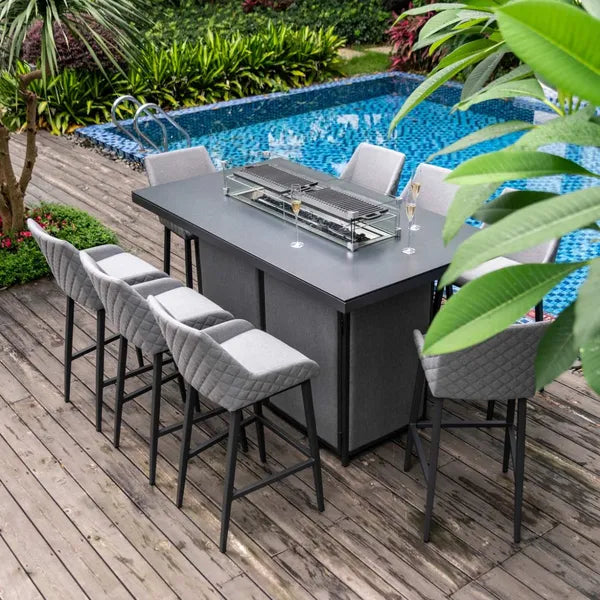 Outdoor Fabric Regal 8 Seat Rectangular Bar Set with Fire Pit Table - Flanelle