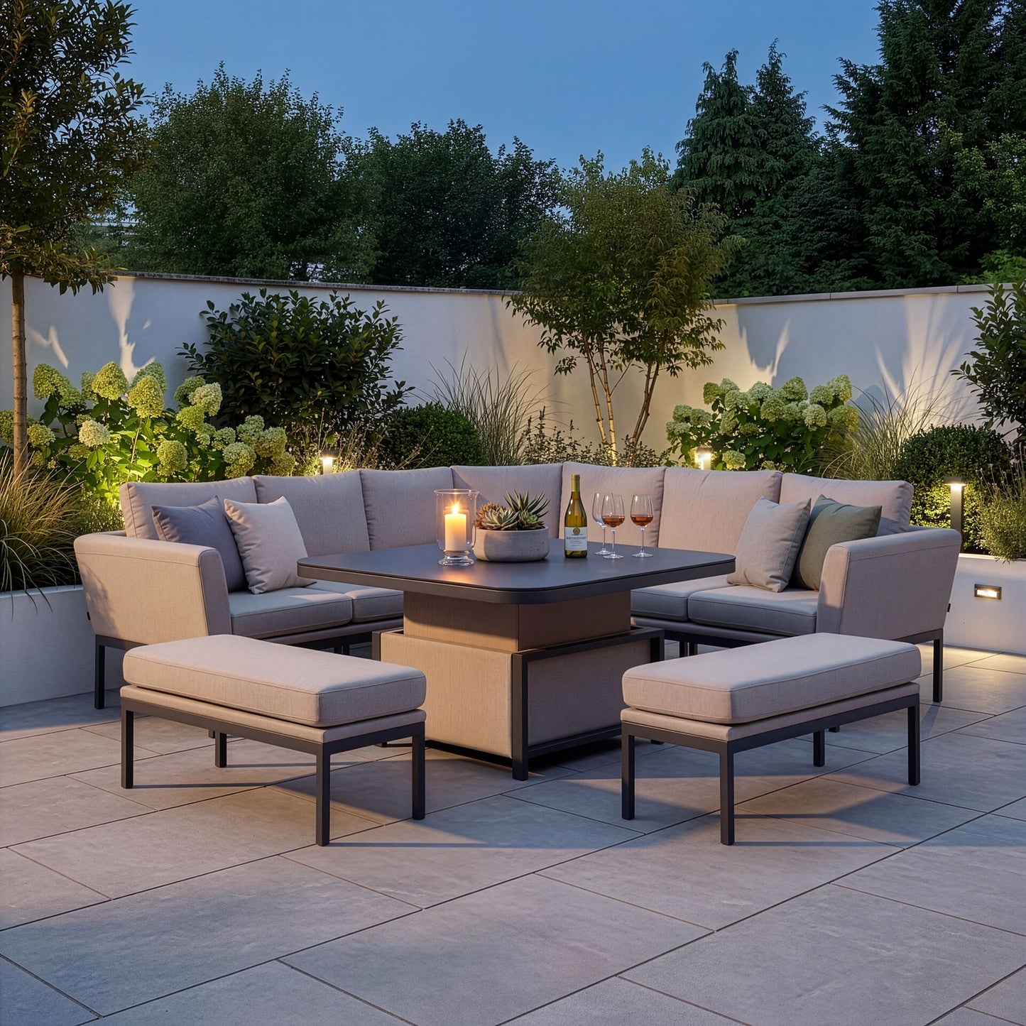 Outdoor Fabric Pulse Deluxe Square Dining Set with Rising Table - Oatmeal