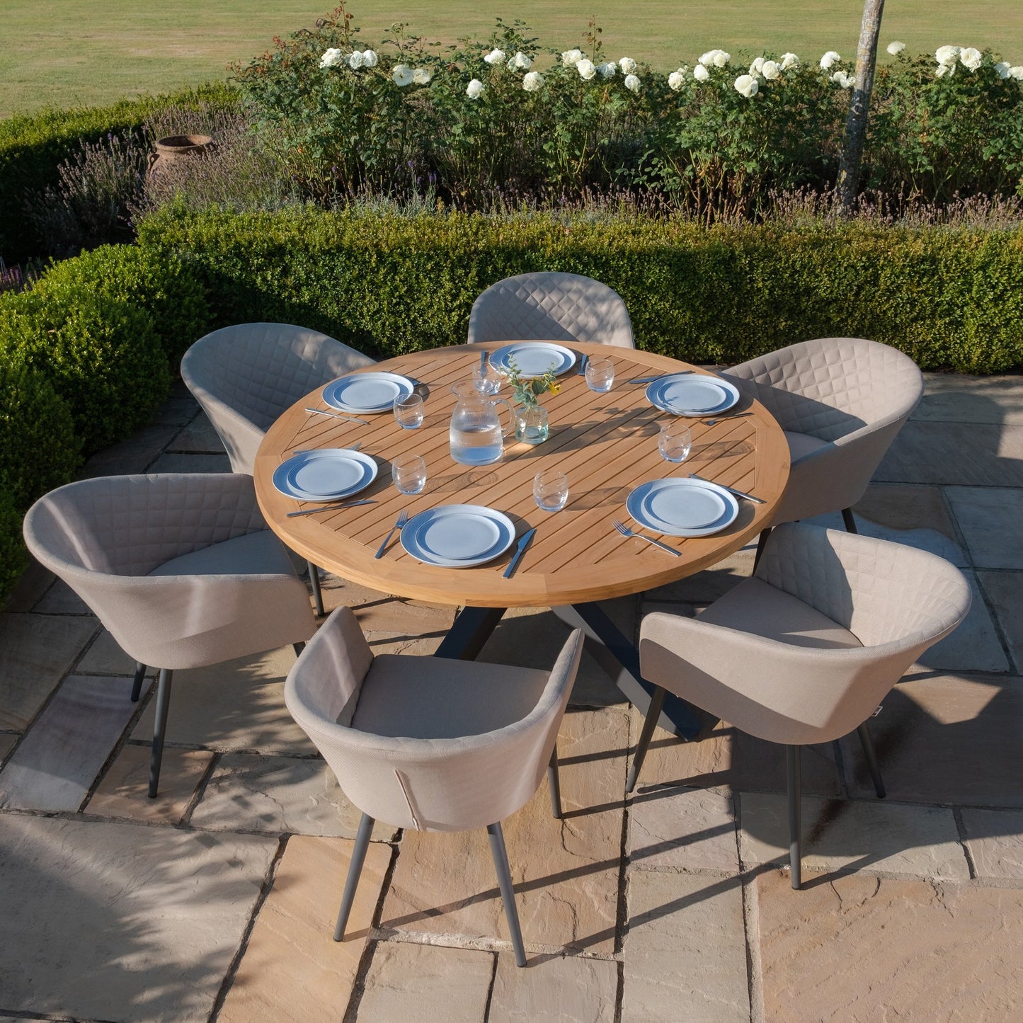 Jakarta Teak 6 Seat Round Dining Table Set - Oatmeal